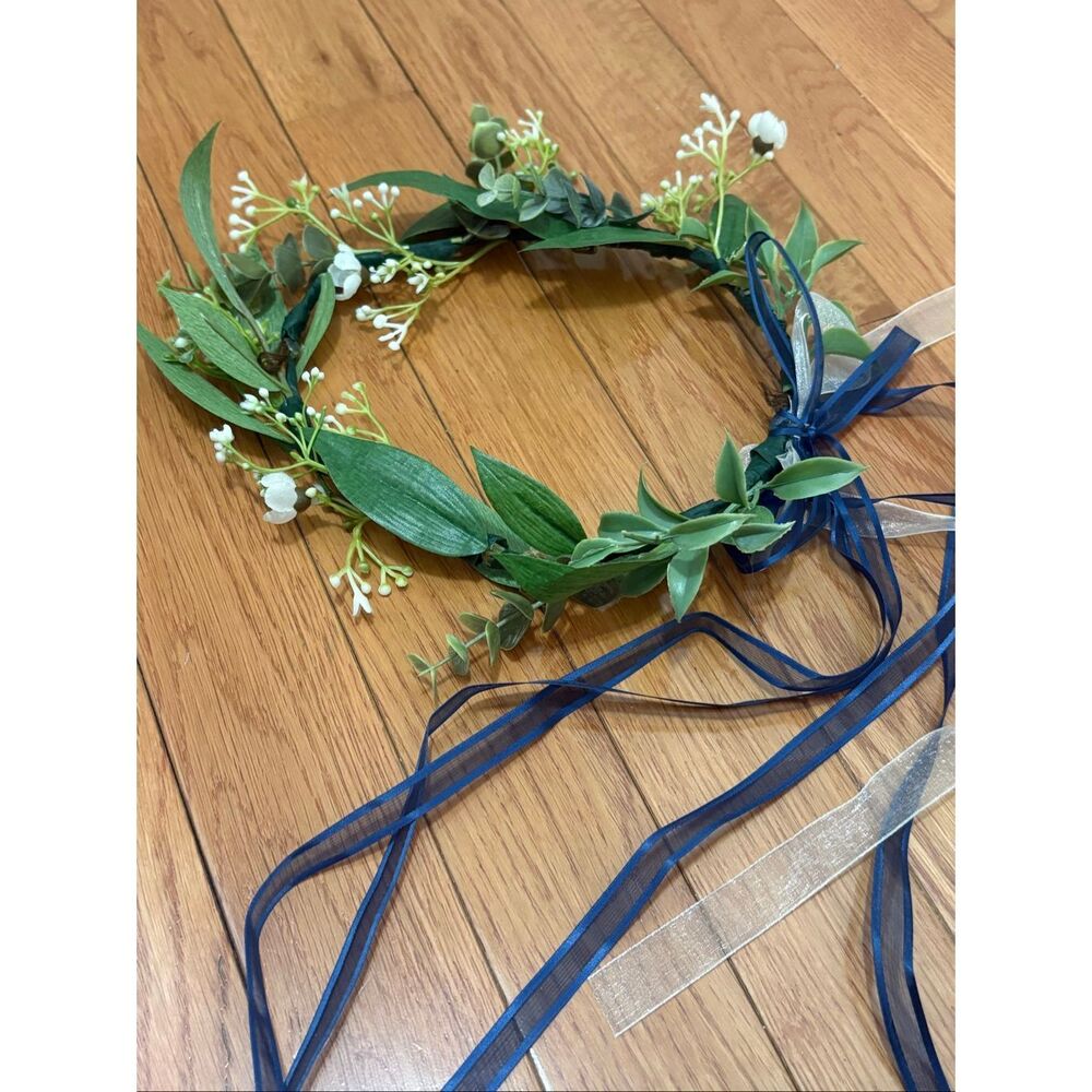 Girls Handmade Faux Flower Crown with Navy and White Bow Ribbon
